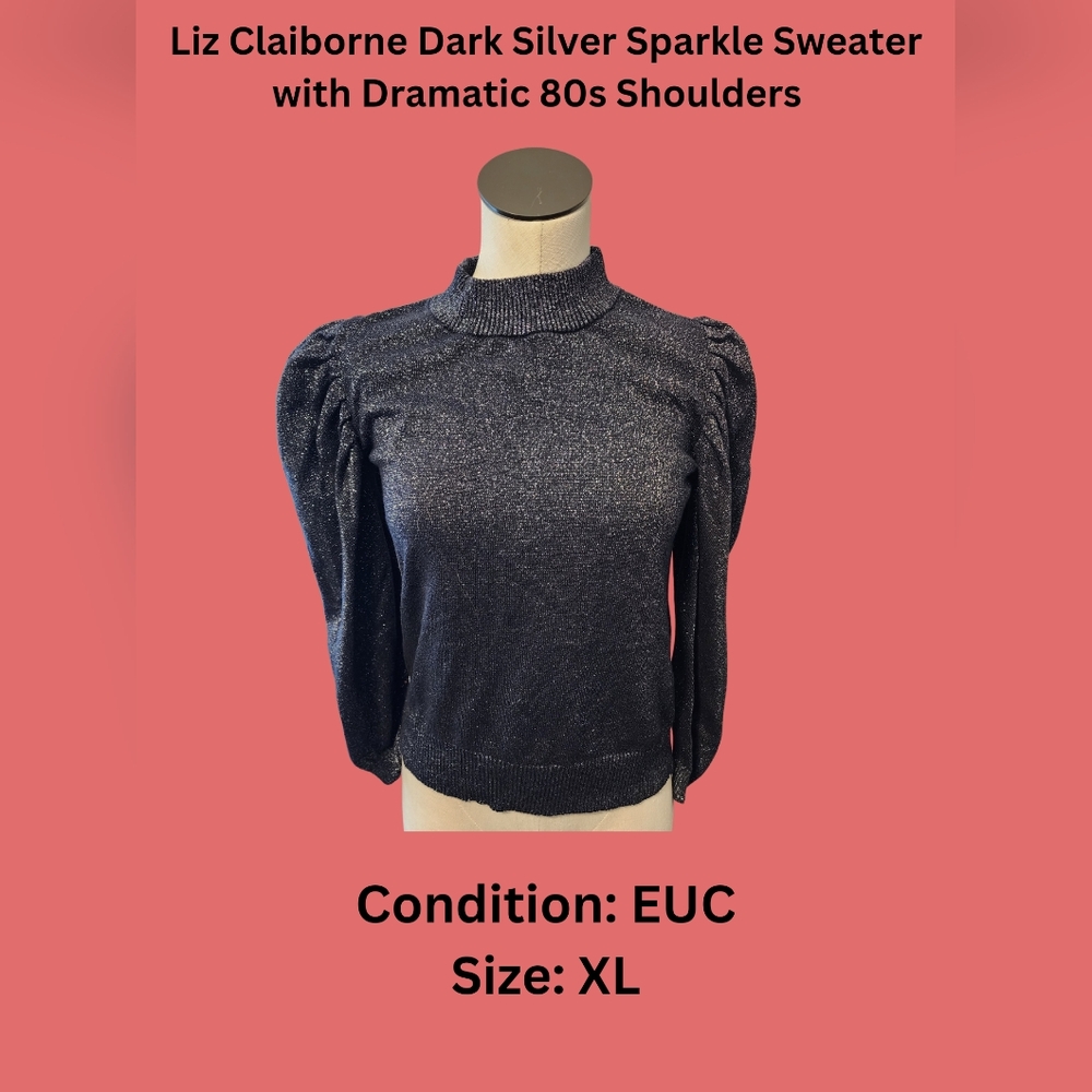Liz Claiborne Dark Silver Sparkle Sweaterwith Dramatic 80s Shoulders